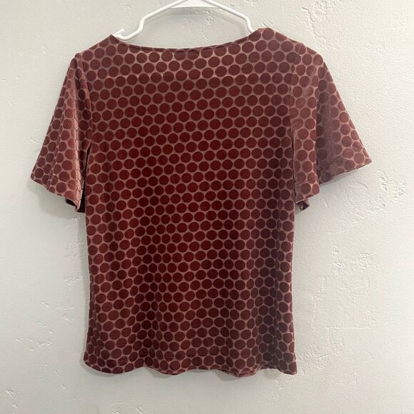 Ann Taylor | Mauve Polka Dot Velvet Top Flutter Sleeve - Picture 5 of 6